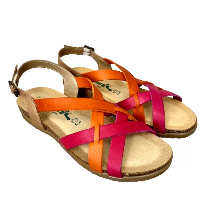 Rubber Sole*Camarri Bionatura Sandal In Fuchsia, Orange, Taupe Leather