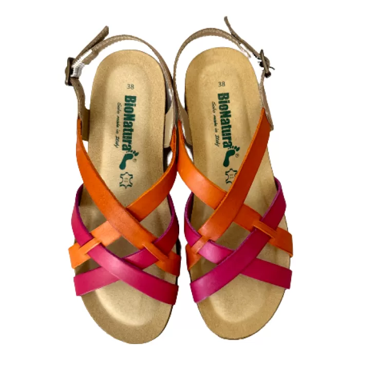 Rubber Sole*Camarri Bionatura Sandal In Fuchsia, Orange, Taupe Leather