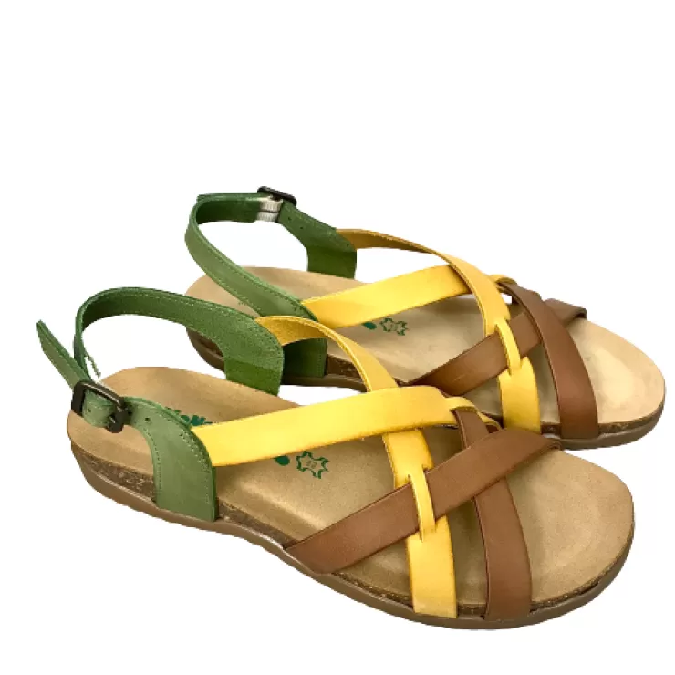 Rubber Sole*Camarri Bionatura Sandal In Green, Yellow, Brown Leather