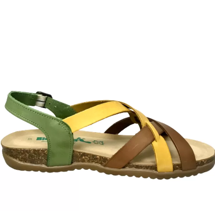 Rubber Sole*Camarri Bionatura Sandal In Green, Yellow, Brown Leather