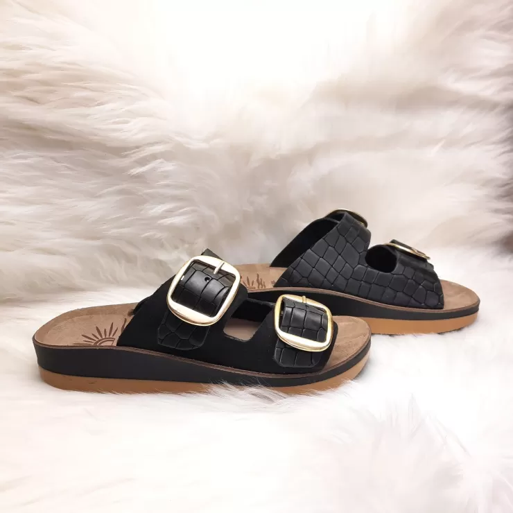 Rubber Sole*Camarri Double Buckle Slipper In Black Crocodile Leather