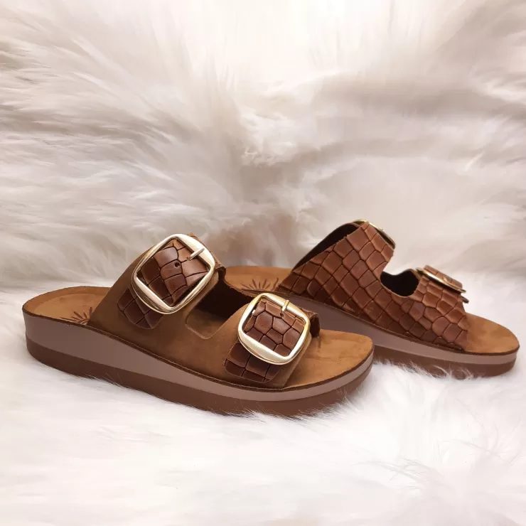 Rubber Sole*Camarri Double Buckle Slipper In Cognac Crocodile Leather